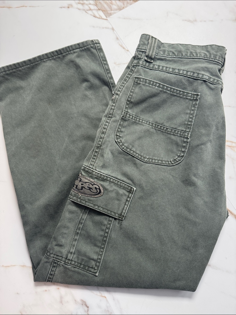 Y2K Lee Pipes Wide Leg Cargo Pants Green Distressed Sz XL Trendy skater grunge